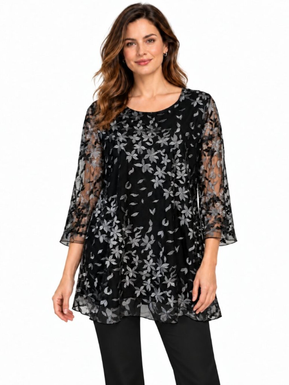 Caroline Rose Tunic Size Extra Large Black Gray Floral Layered Sheer Overlay